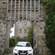 The Civic under the gates of an old castle.